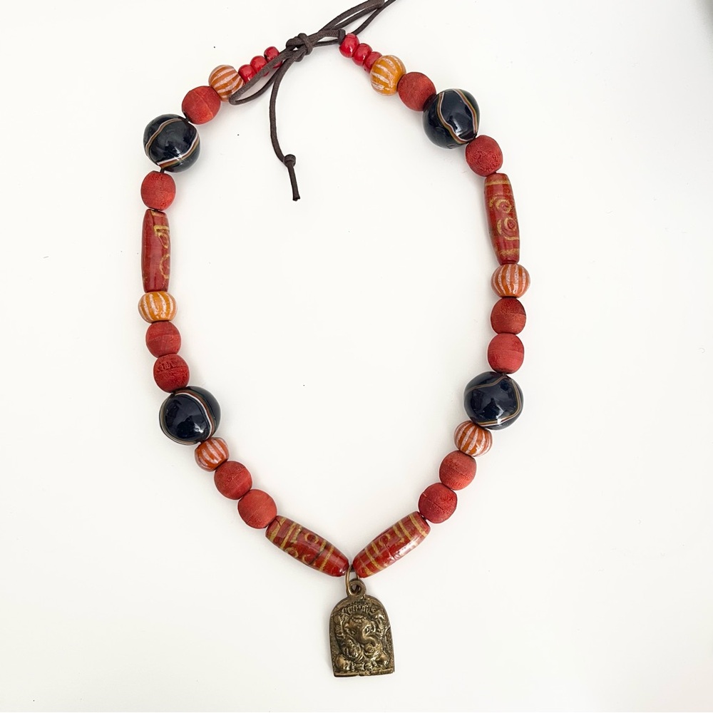 Handcrafted Chunky Ceramic Bead Statement Necklace Ganesha Charm from India Boho